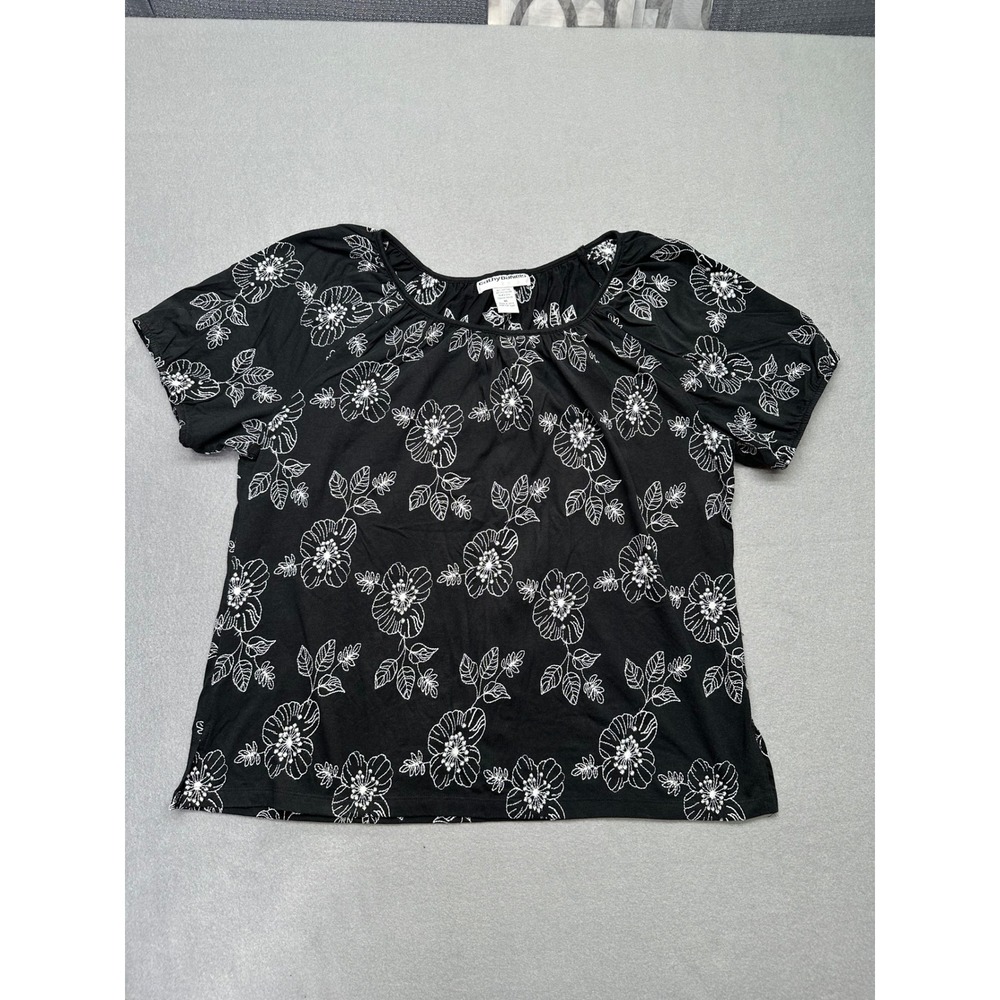 Cathy Daniels Short Sleeve Knit Blouse Womens XL Stitched Floral Outline Top